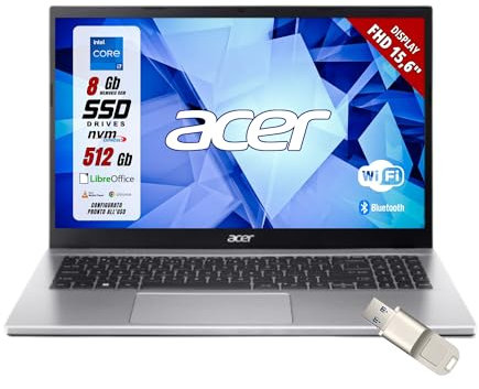 acer, Pc portatile notebook silver, intel i7-1255u 10 Core 3.5 Ghz, Ram 8Gb, SSD 512Gb, Display 15,6 FHD, Hdmi, lan, wifi-6, bluetooth, webcam, Win 11 Pro, Preconfigurato, garanzia Italia
