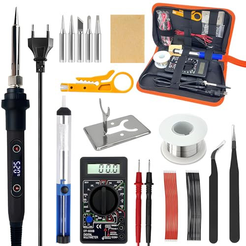 Lötkolben Set - 80W Lötkolben LCD Einstellbar Temperatur 180-520°C mit 5 Lötspitzen, Entlötpumpe, Lötdraht, Pinzette, Lötkolbenständer, Digitalmultimeter