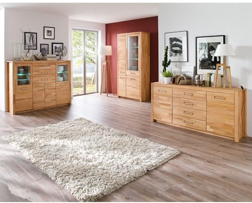 Lomadox Esszimmermöbel Set Esszimmer, Kernbuche massiv geölt keilgezinkt, 3-teilig, Echtholz/Massivholz, 1 Highboard, 1 Sideboard, 1 Vitrine, inkl. LED-Beleuchtung