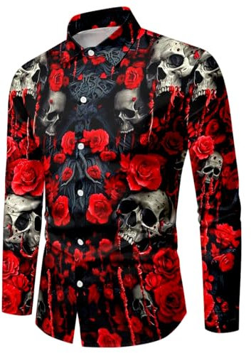 WAZHAKU Carnival Costume Men's Casual Shirt Skull Rose 3D Printed Long Sleeve Shirts Button Down Hawaiian Vintage with Stand-Up Collar Loose Beach Shirt Casual Shirt Hawaiian Shirt Pattern Long Sleeve