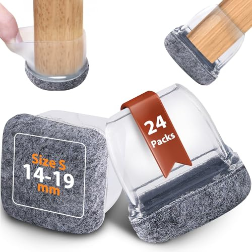 Seaforie Tappi per gambe della sedia, 24 pezzi, quadrati da 14 a 19 mm, con feltro a 360° e diametro regolabile per tappi di protezione, antiscivolo, lavabili per sedie, colore: grigio trasparente
