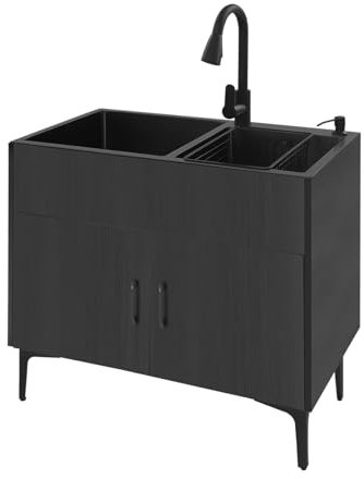 Lavandino da cucina autoportante, con armadio in legno, lavello in acciaio inox con doppia vasca da bagno, 2 vasche con rubinetto estraibile, scolapiatti, dispenser per sapone, 81 x 43 x 78 cm (nero)