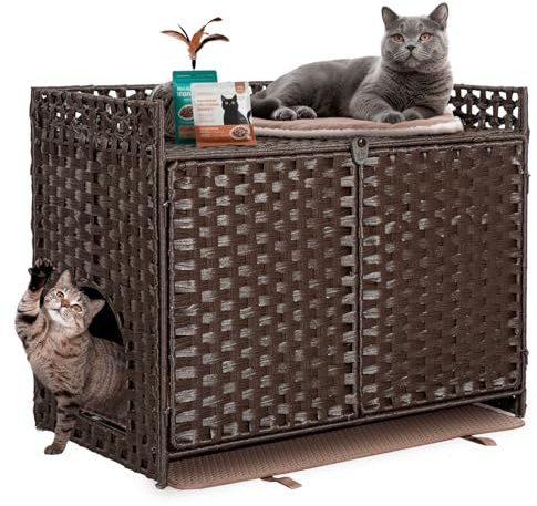 Versteckte Katzentoilette, Möbelgehege, handgewebtes Rattan-Haustierhaus mit Abnehmbarer Matte, große Katzentoilette für den Innenbereich mit erhöhten Metallfüßen (77 x 46,2 x 62,2 cm), modernes