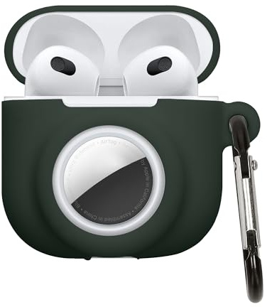 kwmobile 2-in1 Schutzhülle für Apple Airpods 4 Hülle - Kopfhörer Silicon Case kompatibel mit AirTag - stoßfestes Cover mit Karabiner - Dunkelgrün