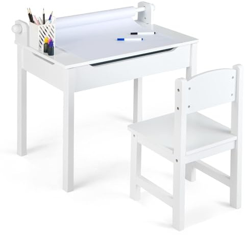 FANTASK Kindertisch, Kinderschreibtisch mit Stuhl, Papierrollenhalter & Markern, Schülerschreibtisch mit klappbarer Tischplatte, Jugendschreibtisch für Kinder ab 3 Jahren (Weiß)