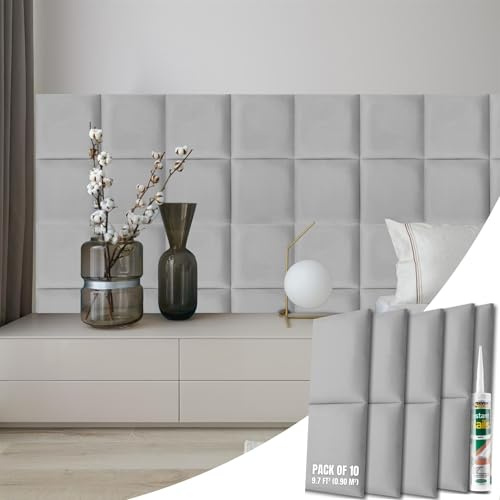 NOVECRAFTO Velvet Padded Wall Panels Set of 10 - Grey Upholstered Anti-Collision Panels with Adhesive - H11.8 x W11.8 (30x30cm) Cushioned Paneling for Beds, Kids Room, Hallways & Feature Walls