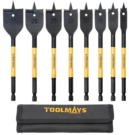 TOOLMAYS 8PCS Spade Drill Bit Set ø 12-32 mm | High Carbon Steel Flat Wood Drill Bits, 1/4 Inch Quick Change Hex Shank, Nylon Storage Pouch