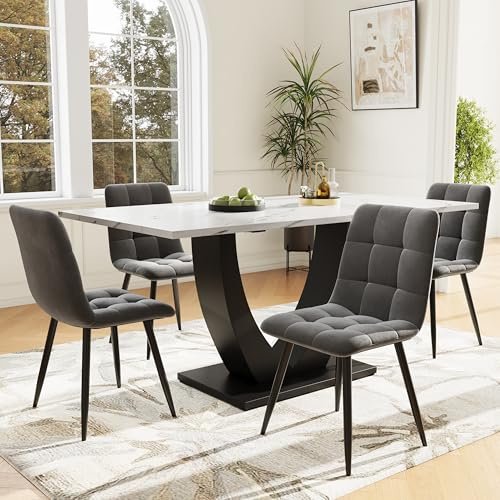 HaoChrymec Esstisch-Set (5 Teile), Küchentisch-Set mit 4 Stühlen, U-förmiger Design-Tisch, Schwarze Beine, Weiße Marmor-Tischplatte, Graue Samt-Esszimmerstühle, Für Esszimmer und Küche