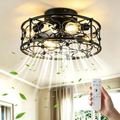 MRDEER Deckenventilator Mit Beleuchtung, 50 cm, 6 Stufen, Fernbedienung | Vintage-Design in Schwarz, 15 W DC-Motor, Vor- und Rücklauf sowie 4 E27-Fassungen für eigene Leuchtmittel
