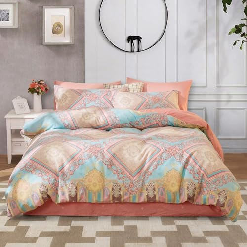 SAPHREAS Bohemian Bettwäsche 155x220 cm 2teilig Boho Böhmisch Bettwäsche Sets Rosa mit Reißverschluss 1 Bettbezug 155x220 cm und 1 Kissenbezug 80x80 cm(Ohne Bettdecken)