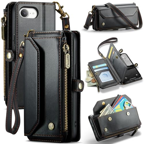 FONREST Crossbody Wallet Case for iPhone 17e, RFID Blocking Phone Purse with 7 Card Slots Zip Coin Pocket Cash Holder Detachable Shoulder Wrist Strap Kickstand Wireless Charging Compatible (Black)