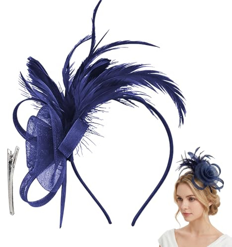 Mörkblå Fascinator för Bröllop, Vintage Blomma Mesh Fjädrar Hårtillbehör för Brud Fest Trädgårdsfest för Kvinnor och Flickor
