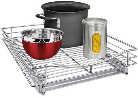 Lynk Professional Organizer-Pull Out Under Cabinet Sliding Shelf, Metal, Chrome, 17 W x 18 D | 17W x 18D chrome rollout shelf creates easy-access storage for cookware, pantry items and kitchen essentials inside cabinets