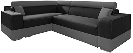 mb-moebel Ecksofa Sofa Eckcouch Couch mit Schlaffunktion und Bettkasten Ottomane L-Form Schlafsofa Bettsofa Polstergarnitur GEORG MINI (Schwarz + Dunkelgrau, Ecksofa Links)