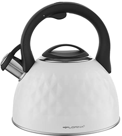 FLORINA Bouilloire (2,5 l) | Bouilloire en acier inoxydable DIAMANTE | Bouilloire à sifflet avec poignée en silicone | Bouilloire pour cuisinière à induction, à gaz et électrique | Couleur : Blanc