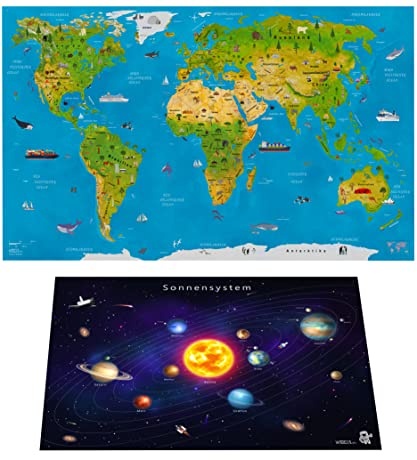 WIDETA Illustrierte Weltkarte in Deutsch, für Kinder und Erwachsene/Poster XXL (82 x 44 cm), laminiertes extra dickes Papier 300 g/m2, Bonus Karte Sonnensystem