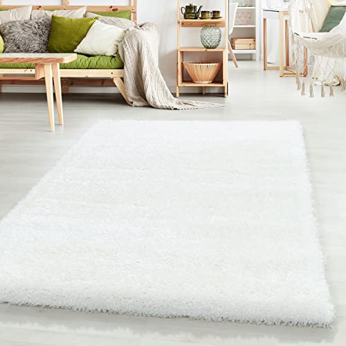 HomebyHome Teppich Hochflor Langflor Shaggy Einfarbig Design Wohnzimmer 50 mm Florhöhe Flauschig Weich Glanz Garn Rechteckig Rund Läufer, Farbe:Weiss, Grösse:80 cm Rund