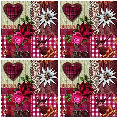 Serviette 3-lagig, 33 x 33 cm, 40 Stück, Herz, Alpine Collage, Party Rosen, Hirsch, Reh, Party Tisch Dekoration, Motivservietten Tieren und Blumen, Papierservietten