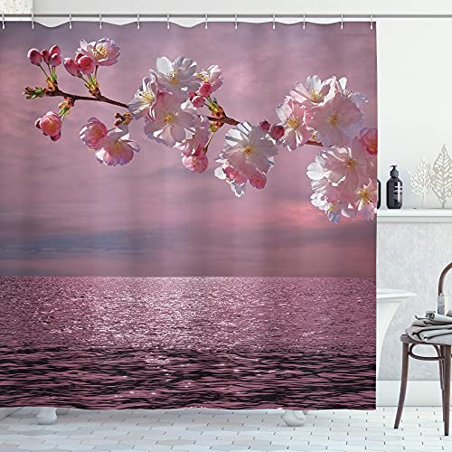 ABAKUHAUS Asia Duschvorhang, Kirschbaumzweig, Stoffliches Gewebe Badezimmerdekorationsset mit Haken, 175 x 240 cm, Rosa und Hellrosa