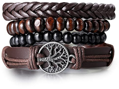 HALUKAKAH Braccialetto di Pelle per Uomo Stile Occidentale del Rodeo Intrecciato a Mano Muti Avvolgente Set Retrò Perline di Legno Vintage con Confezione Regalo (Classico Albero della Vita)
