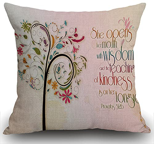 Smooffly Kissenbezug mit inspirierendem christlichem Bibelvers mit Proberbs-Zitaten, She Opens Her Mouth with Wisdom and The Teaching of Kindness is on Her Tongue 45 x 45 cm