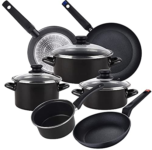 Magefesa Bateria de cocina 7 piezas MAGEFESA Kenia de acero vitrificado con juego de sartenes (20/24/28 cm) Casa Benetton en aluminio forjado