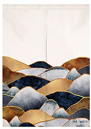 Oduo Noren Rideau de Porte Japonais Long Coton et Lin, Rideau Demi-Porte Imprimé Soleil, Rideau de Séparation de Cuisine de Restaurant, Tapisserie Décoration (65x150cm,Montagnes)