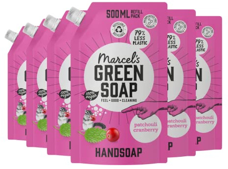 Marcel's Green Soap - Handseife Nachfüllpack Patchouli & Cranberry - Flüssigseife Spender Nachfüllpack - 100% Umweltfreundlich - 100% Vegan - 6er-Pack - 500 ml