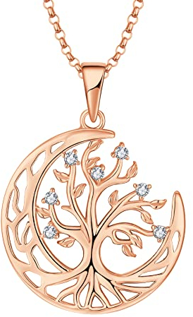 JO WISDOM Collier Arbre de la Vie Argent 925/1000 Femme,Pendentif Lune avec 3A Oxyde de Zirconium avec Plaqué Or Rose