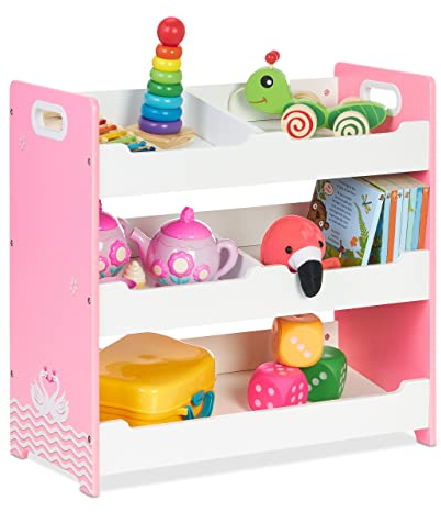 Relaxdays Étagère Enfants, 5 Compartiments, H x L x P : 60 x 62,5 x 30 cm, MDF, Meuble Rangement, poignées, Blanc-Rose