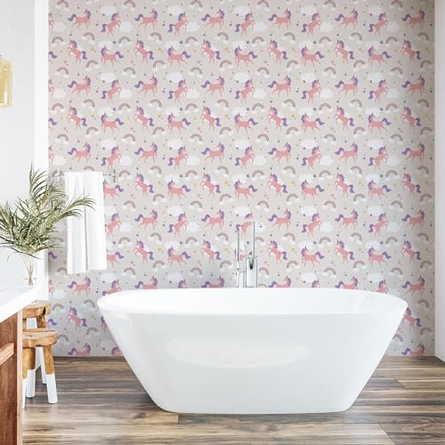 ABAKUHAUS Ambesonne Rainbow Peel & Stick Wallpaper for Home, Dreamy Unicorn Pattern Repetitive Clouds Stars, Self-Adhesive Living Room Kitchen Accent, 33 cm x 180 cm, Pale Salmon Multicolor