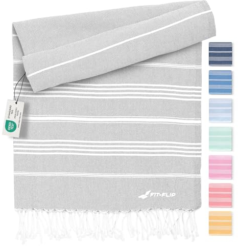Fit-Flip Hamamtuch aus 100% Baumwolle – saugfähig und schnelltrocknend – türkisches Saunatuch, Strandtuch, Duschtuch, Badetuch, Yogatuch – Light Grey – 200x200cm Sultan