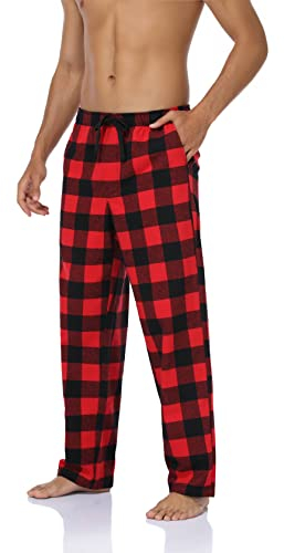 North Bund Schlafanzughose Herren, 100% Baumwolle Kariert Pyjamahose Dicke Flanell Schlafhose Weich Nachtwäsche für Männer mit Taschen Verstellbaren Tunnelzugbund Rotes L