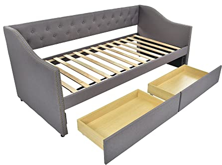 KecDuey Polsterbett 90x200cm, Einzelbett Jungenbett Schlafsofa mit Zwei herausnehmbaren Schubladen, strapazierfähiger Leinenstoff Tagesbett Grau