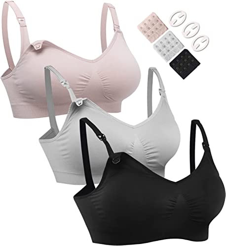 HOFISH Still-BHs für die ganze Brust, nahtlos, mit extra BH-Verlängerungen und Clips, 3 Stück, Schwarz/Grau/elegantes Rosa, XX-Large