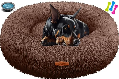 Lovpet® Hundebett Hundekissen Katzenbett Bagel, Waschbar, Inkl. Napf + 3X Kauknochen, Hundesofa flauschig Kissen Rund aus Plüsch für Kleine, Mittelgroße & Große Hunde, Katzen [4XL, Ø 120cm Braun]