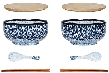 Bol à ramen japonais grand bol à soupe avec cuillère à couvercle, bol à ramen en céramique vintage, bols à salade, bol à nouilles instantanées - 900 ml (Ondulation de l'eau lot de 2)