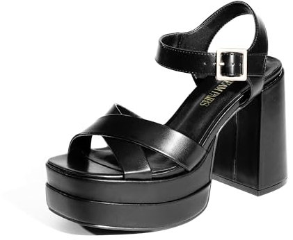 DREAM PAIRS Women's Platform Chunky Heels Square Open Toe Ankle Strap High Heeled Sandals Y2K Shoes for Party Brunch SDHS2330W BLACK Size 7 UK/9 US