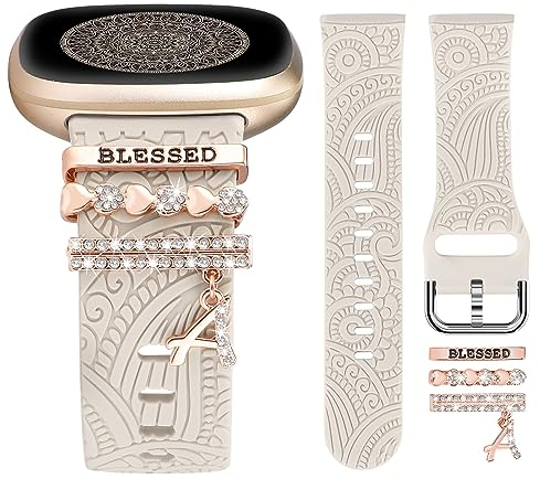 TOYOUTHS Floral Gravierte Armband mit Dekorative Charme kompatibel mit Fitbit Versa 4/Versa 3/Sense 2/Sense Armband Damen Boho Sport Silikon Armbänder mit Dressy Ring Loop für Sense 2, Polarstern/A