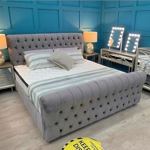 BED CRAFT Grey velvet upholestered sleigh bed with headbaord (single double king superkingsize)-Mattress option-Gaslift option available-Handmade in UK (Small Double)