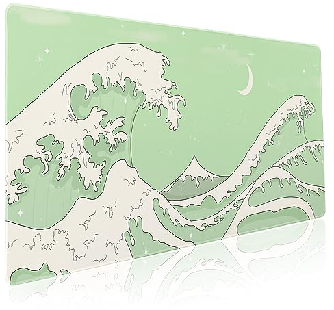 Matcha Green White Japanese Anime Gaming Mouse Pad XXL Cute Kawaii Sage Aesthetic Sea Wave Extended Large Desk Mat Non-Slip Rubber Base Stitched Edge Keyboard Mousepad for PC Laptop, 35.4×15.7