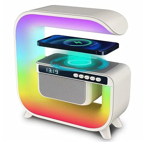 LED Table Lamp with Wireless Speaker Charger,Multi-Function Bluetooth Speaker with 15W Fast Charging,RGB Ambient Light,Alarm Clock, Dimmable Night Light with Music Sync,Smart Mood Light for Bedroom