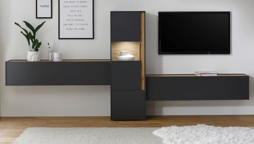 Furn.Design Wohnwand Schrankwand in grau matt und Eiche Wotan Holz TV Unterteil zum Aufhängen Wohnzimmer Set 3-teilig mit XXL TV Board und Vitrine 350 x 155 cm (Set 4)