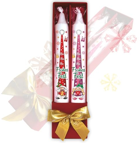 2er Set Weihnachtskerzen – Frohes Fest Wichtel -Weihnachtswichtel in Geschenkverpackung mit Schleife | Sprüche auf Spitzkerzen Stabkerzen Kerzen mit Tattoofolie im Geschenkset