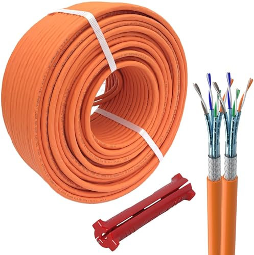 CAT.7 Netzwerkkabel 50m Duplex Verlegekabel LAN Kabel Reines Kupfer S/FTP PiMF LSZH Halogenfrei RoHS Ethernet Cable Datenkabel Installationskabel PoE 10Gbit/s RoHS konform (Orange) + ABISOLIERER