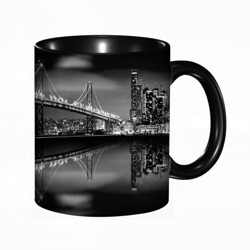 Tasse Keramik Manhattan Skyline und Manhattan Bridge bei Nacht New York City Kaffeetassen Große 330ml Mit Henkel 100% Handbemalt Trinkgläser Mit Griff Personalisierte Geschenk