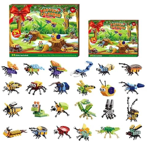 24 Insekt Bausteine Bausatz für Adventskalender 2024, 24 Stück Klemmbausteine Weihnachtskalender Set, Klemmbausteine Weihnachten 2024