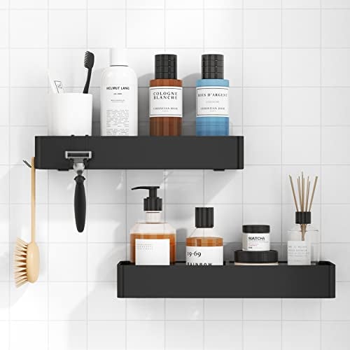 Kitsure 2 Pack Rustproof Shower Caddy - 2 Shelves, Drill-Free & Quick-Dry Shower Organizer, Rustproof Bathroom Shelves with 4 Hooks, Large, Black
