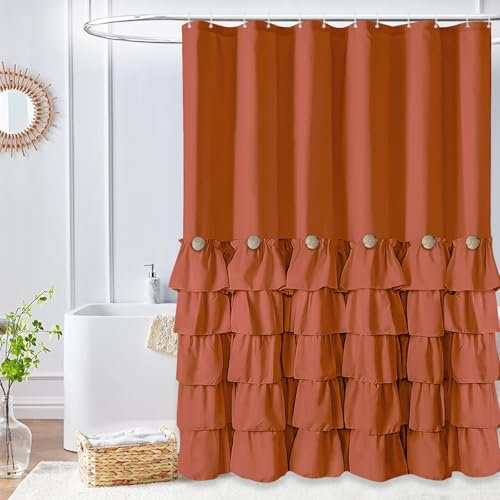 Seasonwood Tenda da doccia arancione bruciato con bottoni naturali increspati, tenda da doccia per bagno, 183 x 183 cm (larghezza x lunghezza), arancione scuro