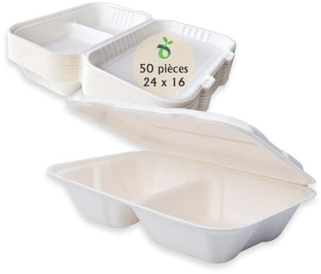 ECOPICNIC Lot de 50 boîtes en Canne à Sucre à 2 Compartiments 240 * 162 * 61 mm | Boîtes Alimentaires biodégradables jetables avec Couvercle, barquettes écologiques pour Repas à emporter